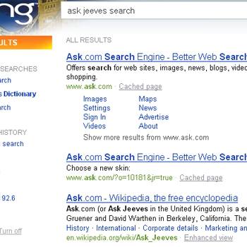 A search on Bing for "ask jeeves search" from my Gmail link.