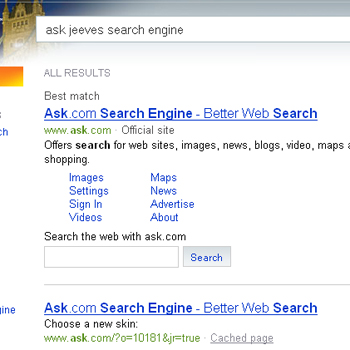 Results on Bing for an "ask jeeves search engine" inquiry.