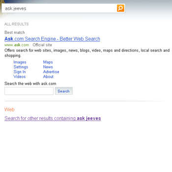 Bing search results for the phrase "ask jeeves"